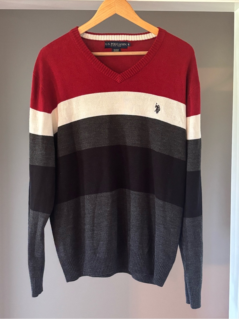U.S. Polo Assn. Men’s V-Neck Stripe Sweater - Red, White & Gray